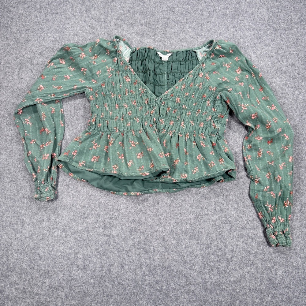American Eagle Green Floral Smocked Peplum Long Sleeve Top Medium 4664578992